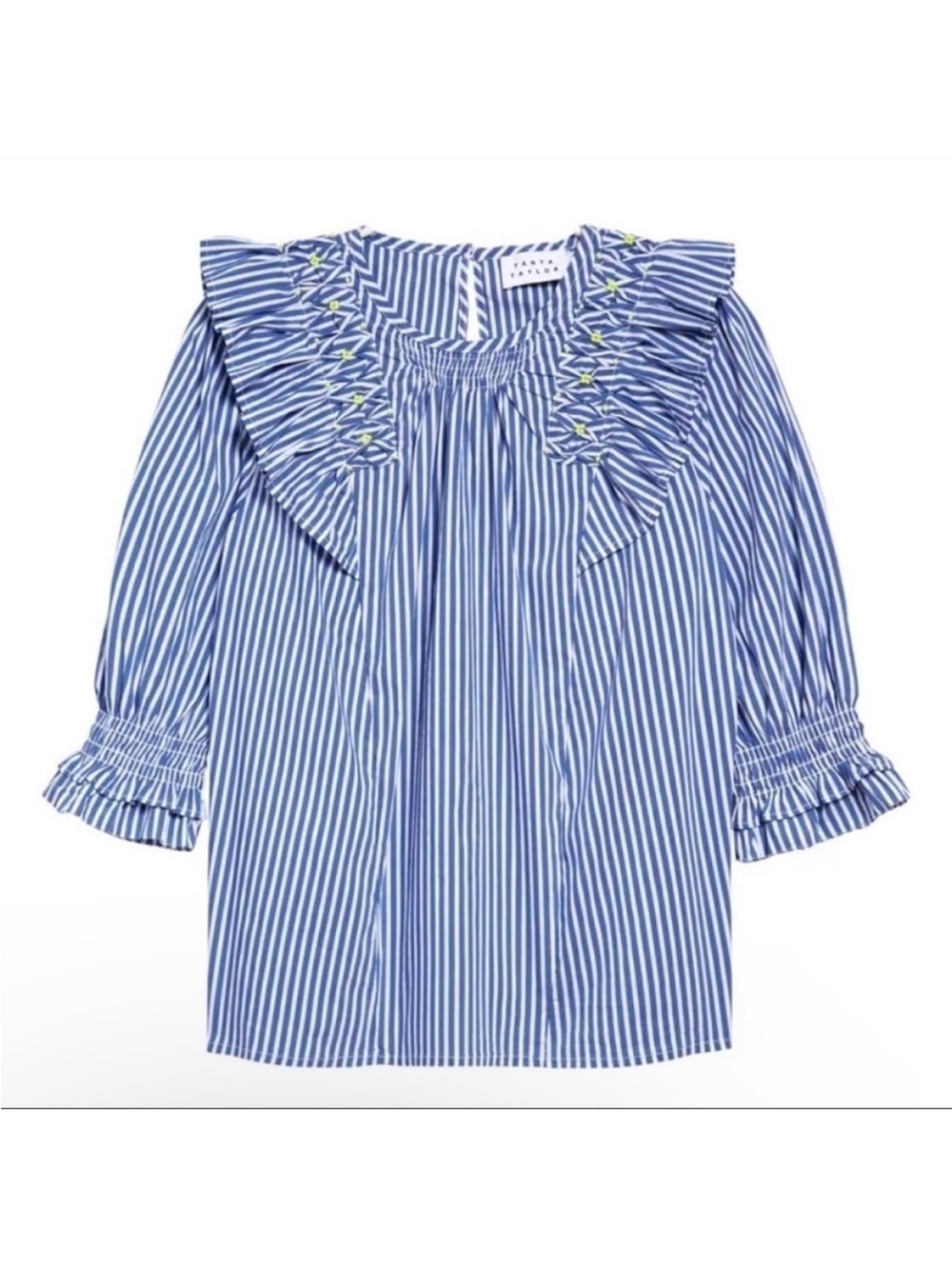 Tanya Taylor Pilar Striped Ruffle-Trim Blouse size 8 Blue White Cotton Blend